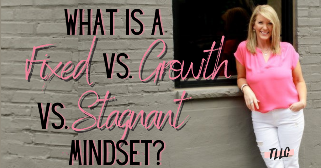 Traci Lynn in a pink shirt and white pants leaning against a brick wall and dark window with the words What is a Fixed. vs. Growth vs. Stagnant mindset?